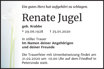 Traueranzeige von Renate Jugel von Mitteldeutsche Zeitung Bitterfeld