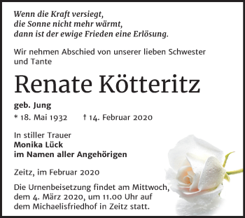 Traueranzeige von Renate Kötteritz von Mitteldeutsche Zeitung Zeitz