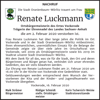 Traueranzeige von Renate Luckmann von Super Sonntag Wittenberg
