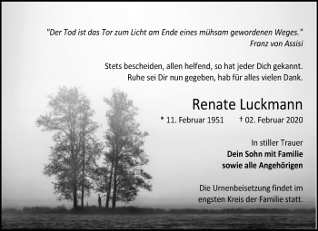 Traueranzeige von Renate Luckmann von Mitteldeutsche Zeitung Wittenberg
