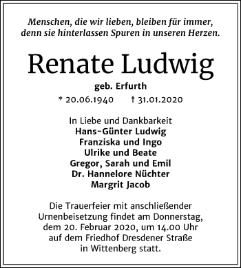 Traueranzeige von Renate Ludwig von Super Sonntag Wittenberg