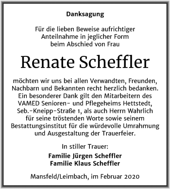 Traueranzeige von Renate Scheffler von Wochenspiegel Mansfelder Land