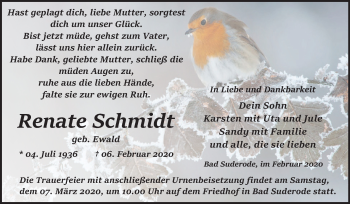 Traueranzeige von Renate Schmidt von Super Sonntag Quedlinburg