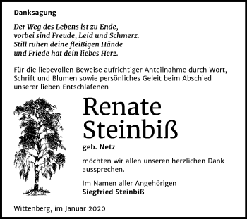 Traueranzeige von Renate Steinbiß von Mitteldeutsche Zeitung Wittenberg
