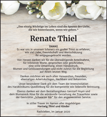 Traueranzeige von Renate Thiel von Mitteldeutsche Zeitung Quedlinburg