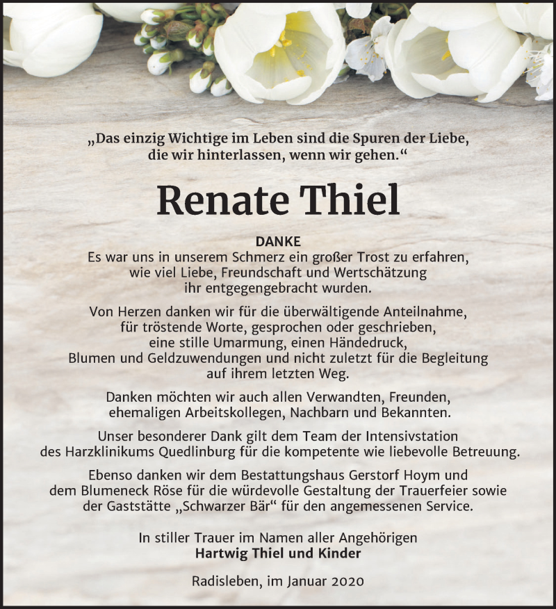  Traueranzeige für Renate Thiel vom 01.02.2020 aus Super Sonntag Quedlinburg