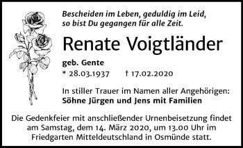 Traueranzeige von Renate Voigtländer von Mitteldeutsche Zeitung Halle/Saalkreis