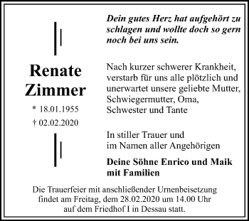 Traueranzeige von Renate Zimmer von Mitteldeutsche Zeitung Dessau-Roßlau