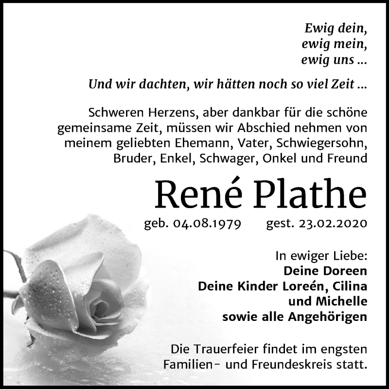  Traueranzeige für René Plathe vom 28.02.2020 aus Mitteldeutsche Zeitung Mansfelder Land