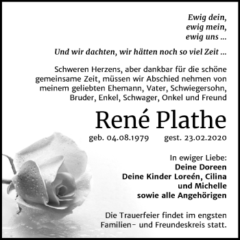 Traueranzeige von René Plathe von Mitteldeutsche Zeitung Mansfelder Land