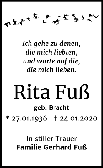 Traueranzeige von Rita Fuß von Mitteldeutsche Zeitung Wittenberg