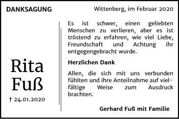 Traueranzeige von Rita Fuß von Super Sonntag Wittenberg