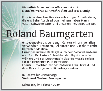Traueranzeige von Roland Baumgarten von Super Sonntag Mansfelder Land