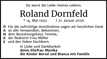 Traueranzeige von Roland Dornfeld von Mitteldeutsche Zeitung Bitterfeld