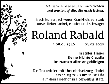 Traueranzeige von Roland Rabald von Mitteldeutsche Zeitung Bitterfeld