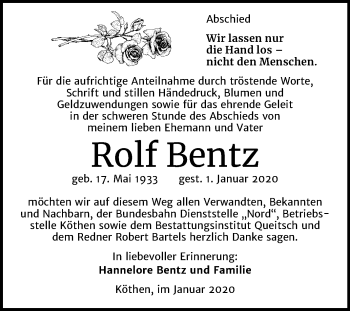 Traueranzeige von Rolf Bentz von Mitteldeutsche Zeitung Köthen