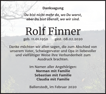 Traueranzeige von Rolf Finner von Super Sonntag Quedlinburg