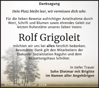 Traueranzeige von Rolf Grigoleit von Mitteldeutsche Zeitung Bitterfeld