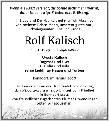 Traueranzeige von Rolf Kalisch von Wochenspiegel Mansfelder Land