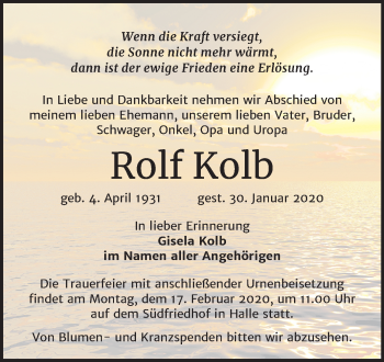 Traueranzeige von Rolf Kolb von Mitteldeutsche Zeitung Halle/Saalkreis