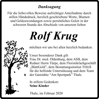 Traueranzeige von Rolf Krug von Mitteldeutsche Zeitung Quedlinburg