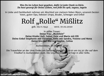 Traueranzeige von Rolf Mißlitz von Mitteldeutsche Zeitung Aschersleben
