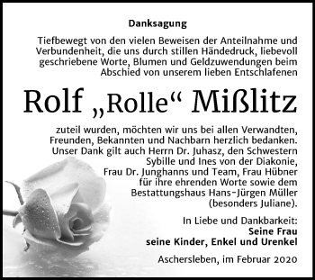 Traueranzeige von Rolf Mißlitz von Super Sonntag Aschersleben