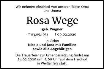 Traueranzeige von Rosa Wege von Wochenspiegel Weißenfels