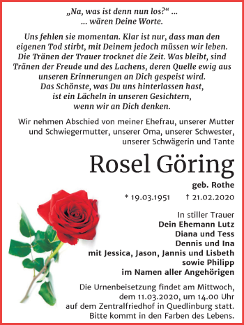 Traueranzeige von Rosel Göring von Mitteldeutsche Zeitung Quedlinburg