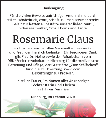 Traueranzeige von Rosemarie Claus von Mitteldeutsche Zeitung Bernburg