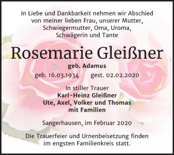 Traueranzeige von Rosemarie Gleißner von Mitteldeutsche Zeitung Sangerhausen