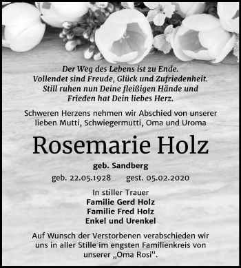 Traueranzeige von Rosemarie Holz von Mitteldeutsche Zeitung Bernburg