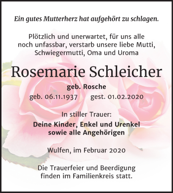 Traueranzeige von Rosemarie Schleicher von Mitteldeutsche Zeitung Köthen