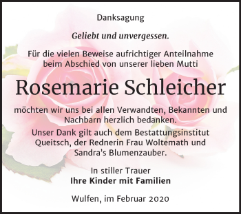 Traueranzeige von Rosemarie Schleicher von Mitteldeutsche Zeitung Köthen