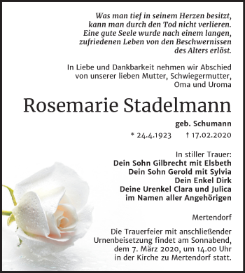 Traueranzeige von Rosemarie Stadelmann von Wochenspiegel Naumburg/Nebra