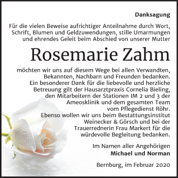 Traueranzeige von Rosemarie Zahm von Super Sonntag Bernburg