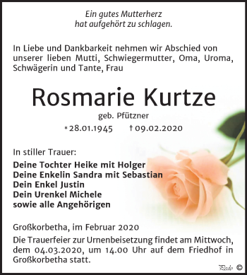 Traueranzeige von Rosmarie Kurtze von Wochenspiegel Weißenfels