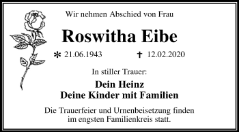 Traueranzeige von Roswitha Eibe von Mitteldeutsche Zeitung Dessau-Roßlau