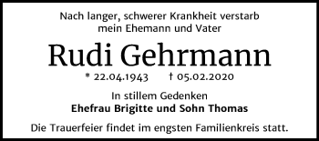 Traueranzeige von Rudi Gehrmann von Mitteldeutsche Zeitung Bernburg