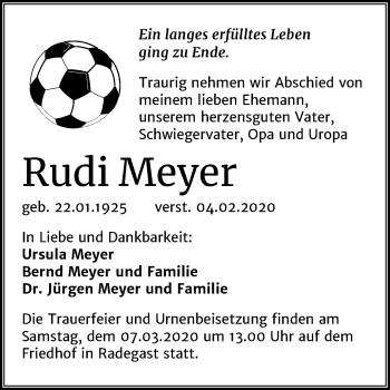 Traueranzeige von Rudi Meyer von Mitteldeutsche Zeitung Köthen