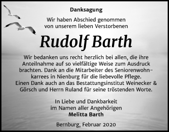 Traueranzeige von Rudolf Barth von Mitteldeutsche Zeitung Bernburg