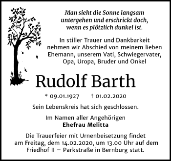 Traueranzeige von Rudolf Barth von Super Sonntag Bernburg