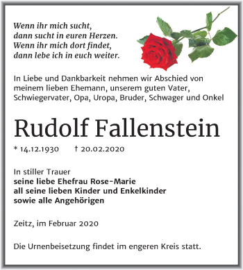 Traueranzeige von Rudolf Fallenstein von Mitteldeutsche Zeitung Zeitz