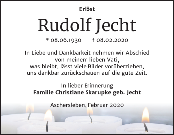 Traueranzeige von Rudolf Jecht von Mitteldeutsche Zeitung Aschersleben