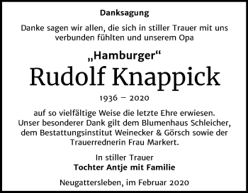 Traueranzeige von Rudolf Knappick von Mitteldeutsche Zeitung Bernburg