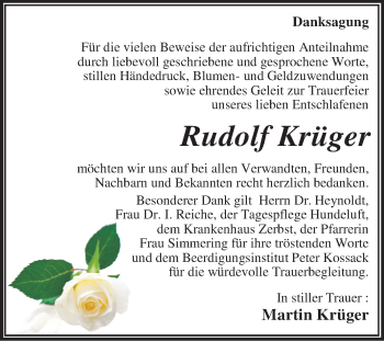 Traueranzeige von Rudolf Krüger von Super Sonntag Dessau-Roßlau / Wittenberg