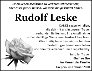 Traueranzeige von Rudolf Leske von Wochenspiegel Bitterfeld