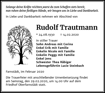 Traueranzeige von Rudolf Trautmann von Mitteldeutsche Zeitung Merseburg/Querfurt