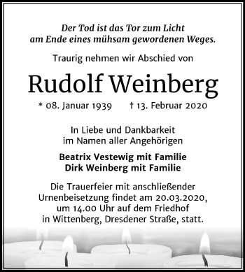 Traueranzeige von Rudolf Weinberg von Super Sonntag Wittenberg