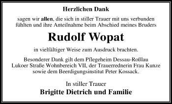 Traueranzeige von Rudolf Wopat von Super Sonntag Wittenberg